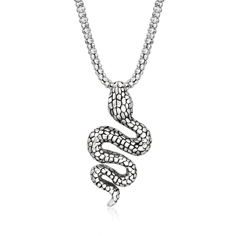 Sterling silver Bali-style snake pendant necklace with textured coiled snake drop