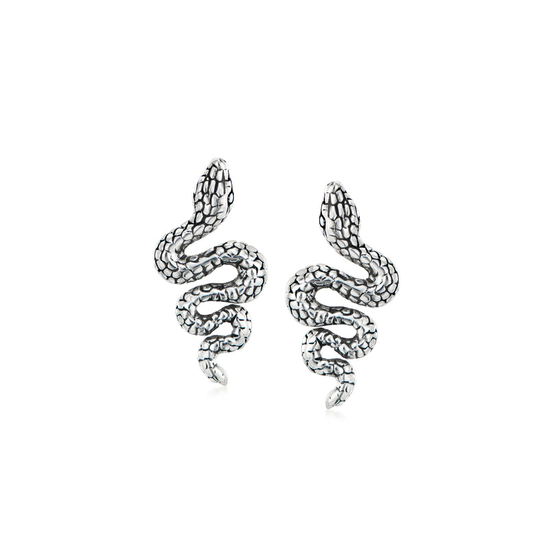 Sterling silver snake drop earrings with Bali-style textured coiled design