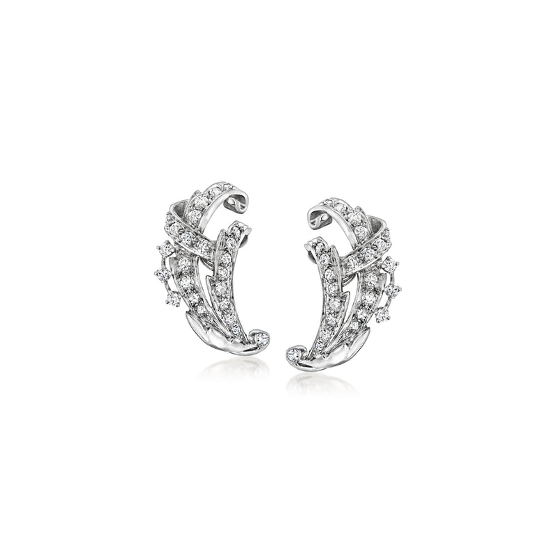 Platinum curved diamond earrings with pavé details, shown as a matching pair.