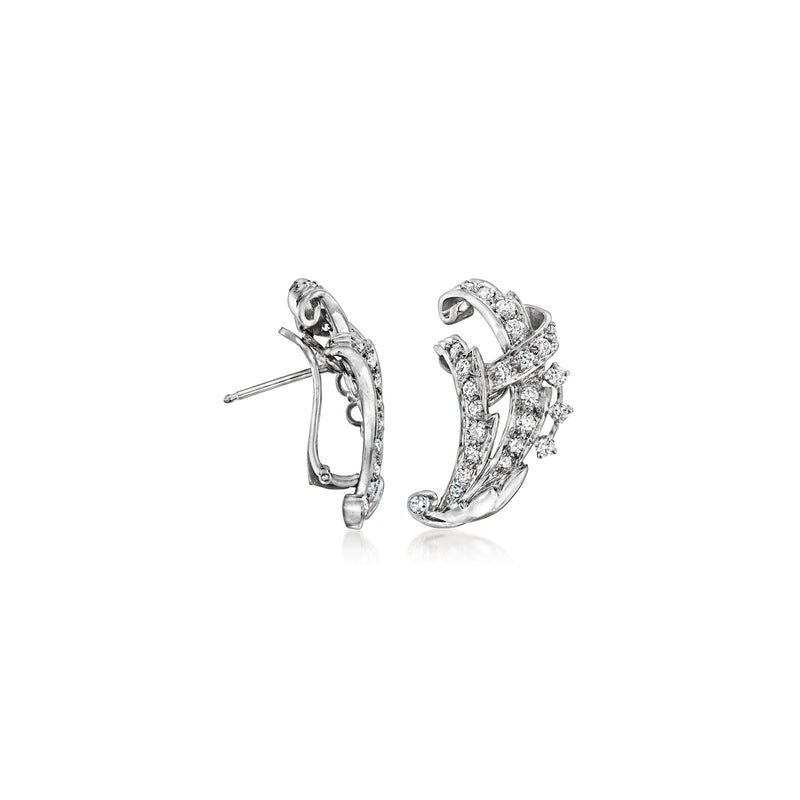 Curved platinum diamond hoop earrings, side view with post/back closure