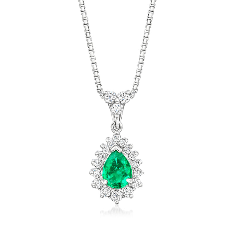 Platinum pendant necklace with emerald-green pear center and diamond halo