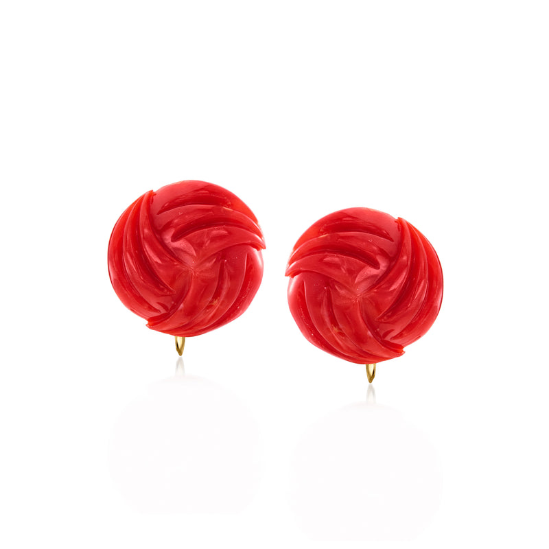 Red coral love-knot clip earrings in 18kt yellow gold, round swirl design