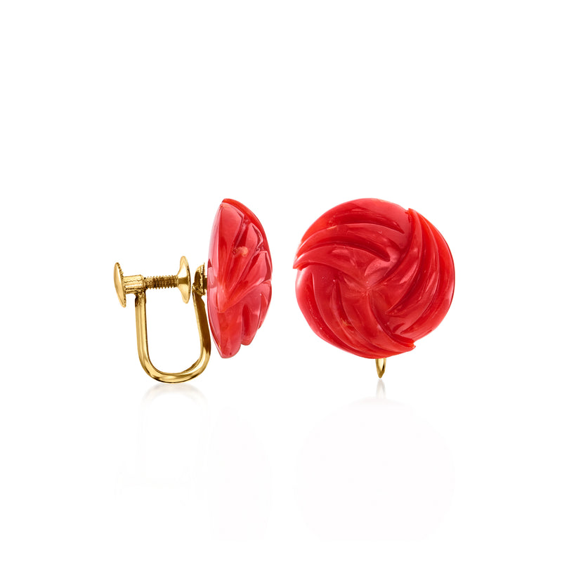 Red coral love-knot clip earrings with 18kt yellow gold backing, round swirl front