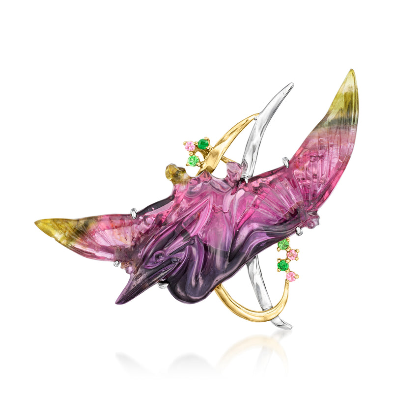 Multicolored tourmaline carved bird pin, two-tone gold with raised gemstone wings