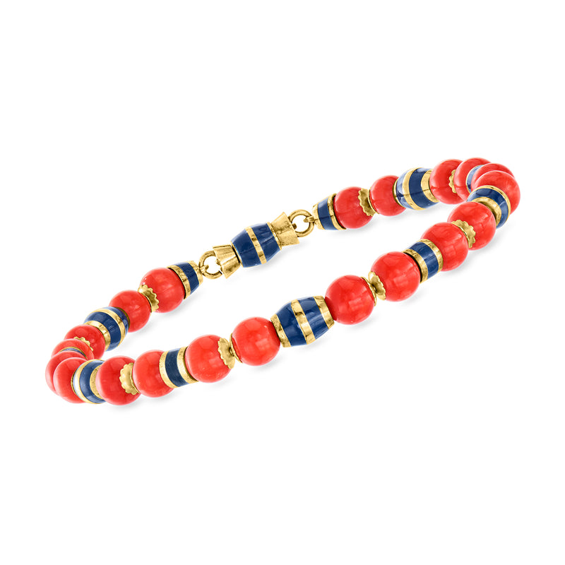 Vintage coral bead bracelet with blue enamel accents and gold clasp; red, multicolor beads