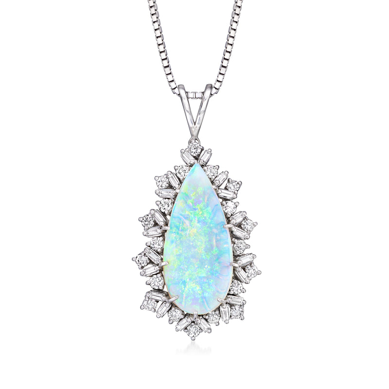 14kt white gold pendant necklace with pear-shaped opal and diamond halo on a box chain