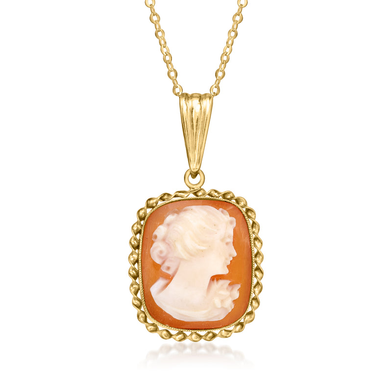 10kt yellow gold necklace with oval cameo pendant, brown shell backing, chain and bail