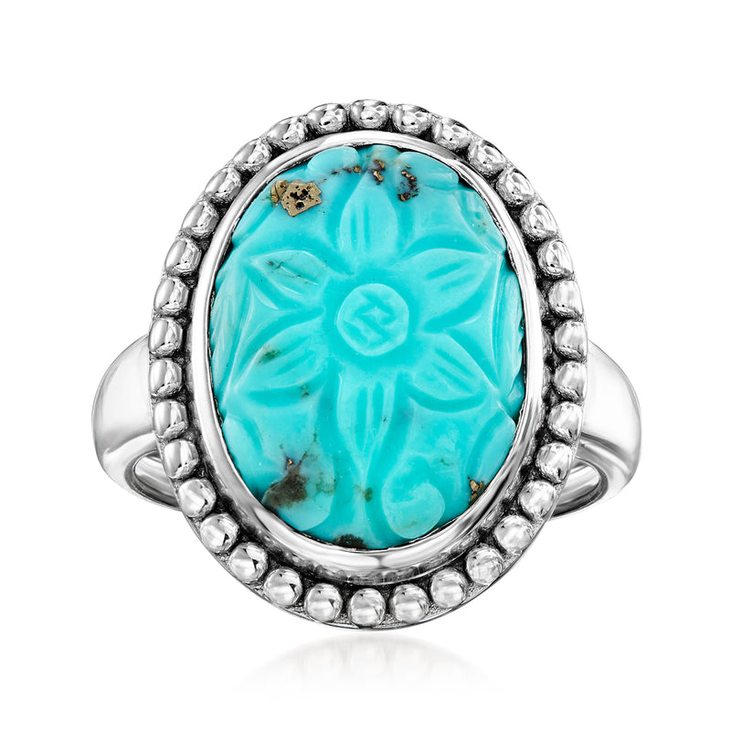 Turquoise oval ring in sterling silver with carved bezel and scalloped edge