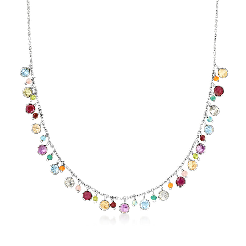 Sterling silver multi-gemstone tennis necklace with round colored stones