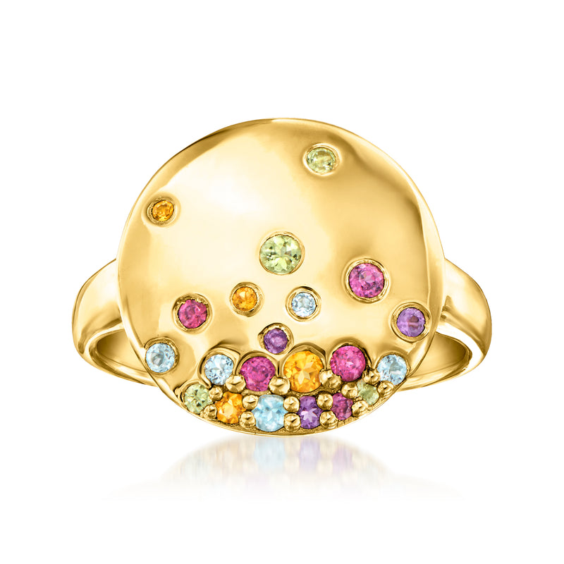 Gold disc ring with multicolor gemstones, domed top and rounded shoulders