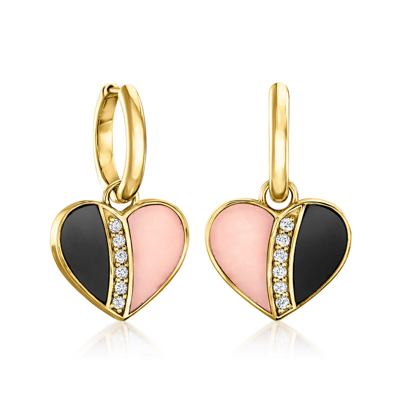 Gold-tone hoop drop earrings with heart charm, pink and black enamel, crystal accents