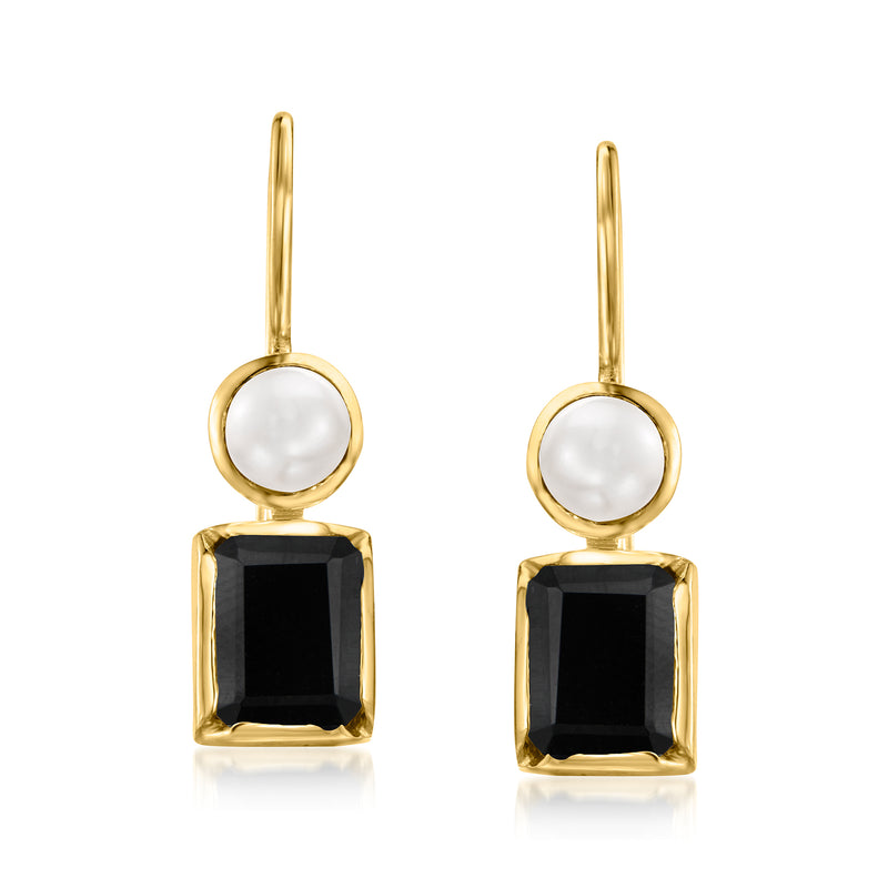 Gold drop earrings with round white pearl tops and black square onyx dangles
