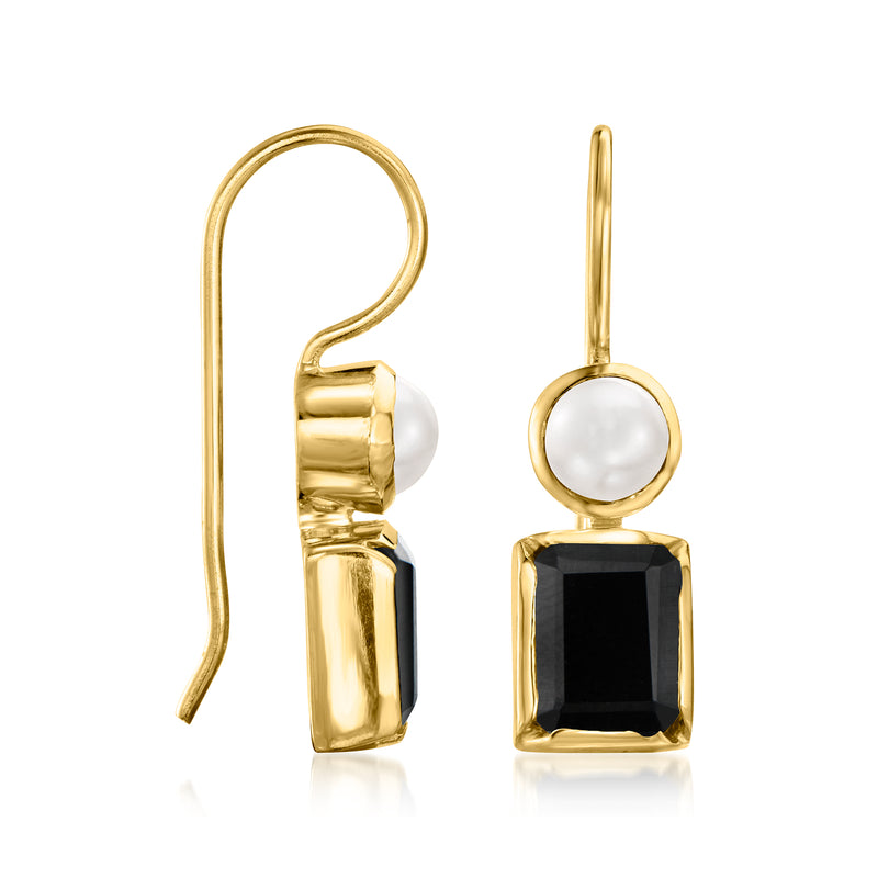 Gold earwire drop earrings with white pearl circles and black square onyx stones