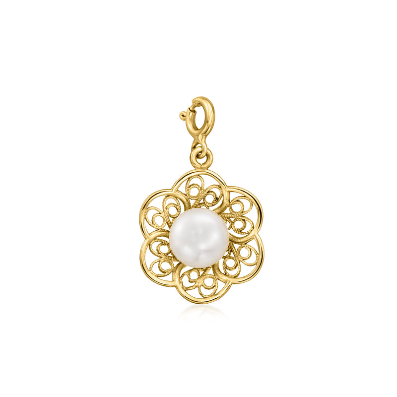 8mm cultured pearl flower charm in 18kt gold over sterling, round pearl in filigree