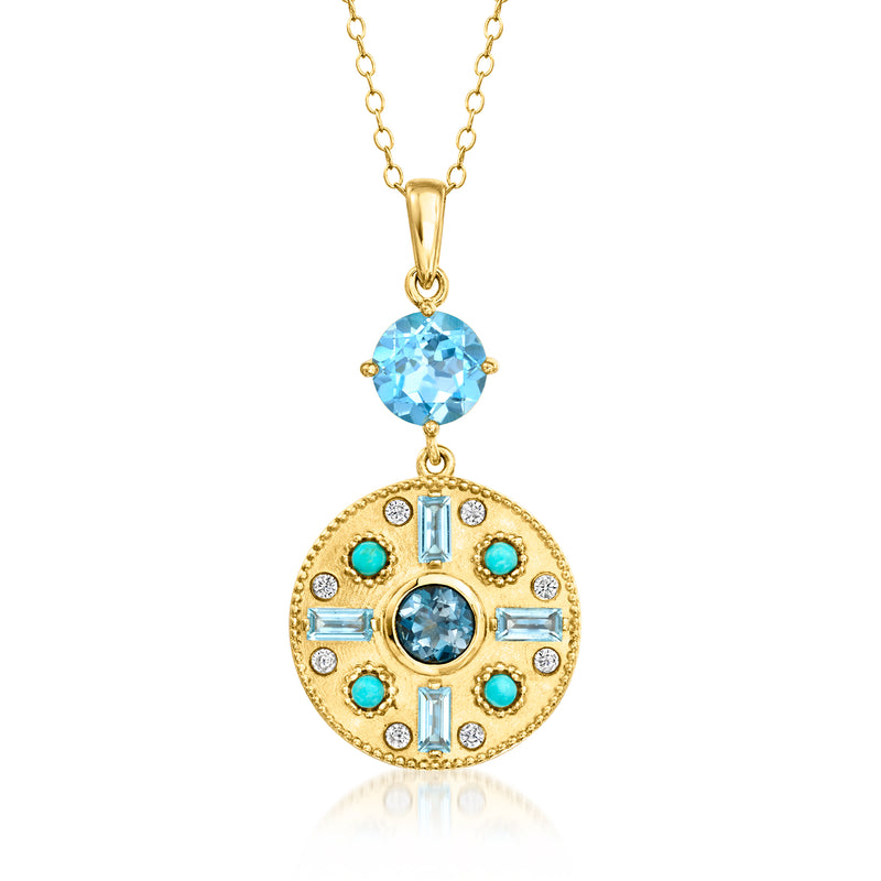 Gold disc pendant necklace with blue center and turquoise side stones, chain included