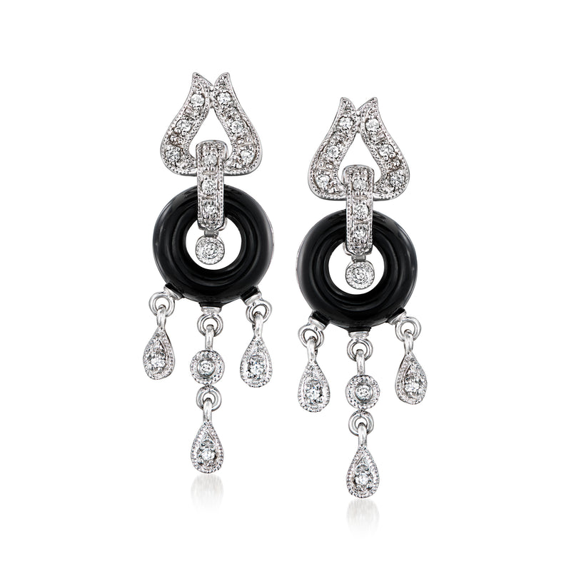 Onyx and diamond chandelier earrings with black teardrop drops and white gold setting