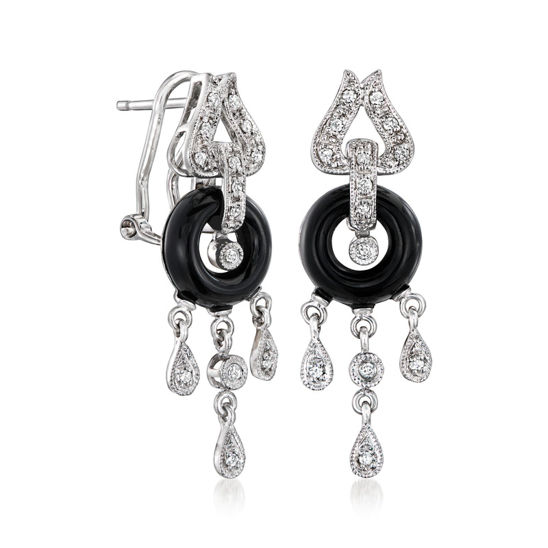 White gold chandelier earrings with black onyx circles, pear drops, and dangling gems