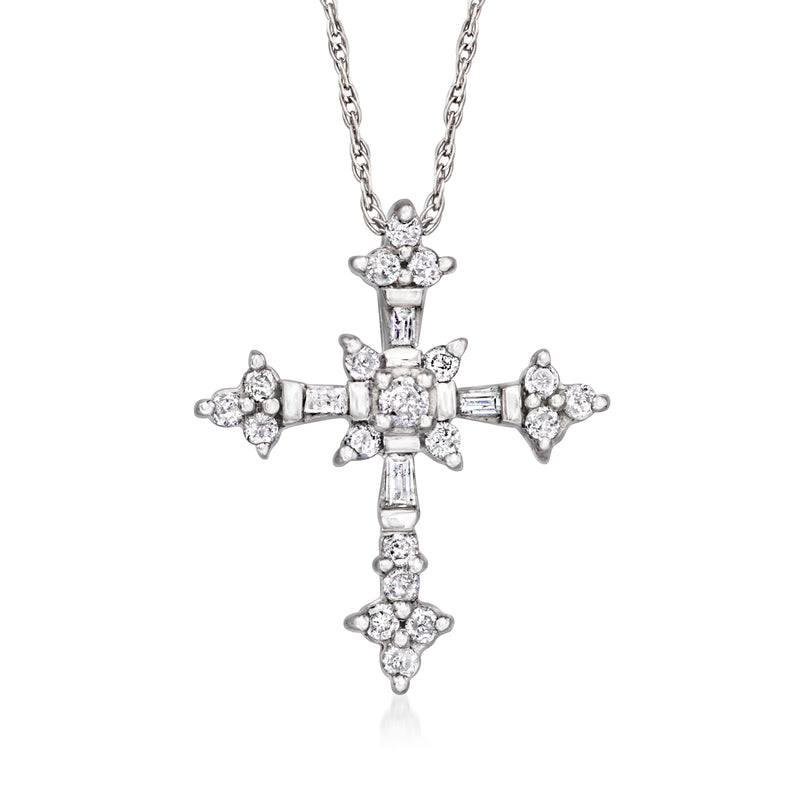 14kt white gold diamond cross pendant necklace with round stones on a chain