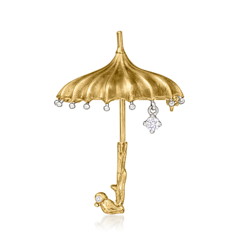 Vintage 18kt yellow gold umbrella pin with diamond trim and dangling diamond charm