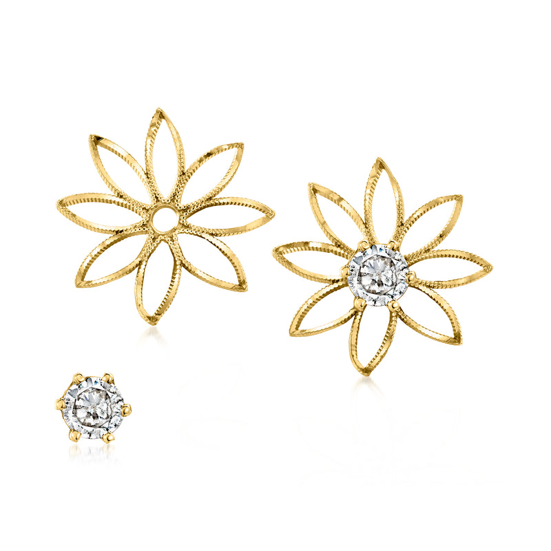 14kt yellow gold flower diamond stud earrings with round center stones and jackets