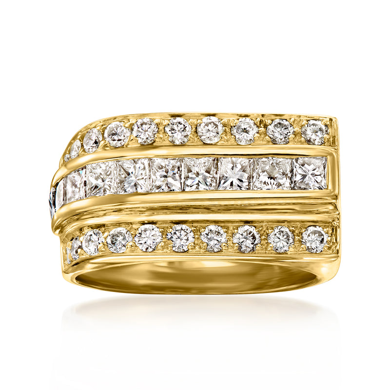 Vintage yellow gold diamond band ring with three rows of round-cut stones