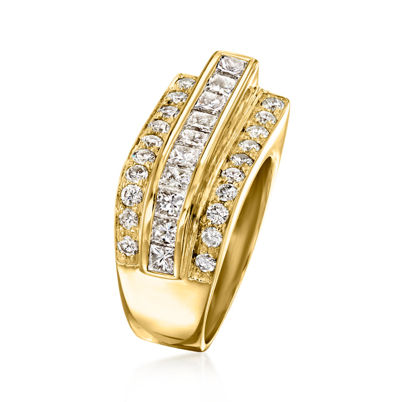 Yellow gold diamond cluster ring with tall rectangular center and side round stones