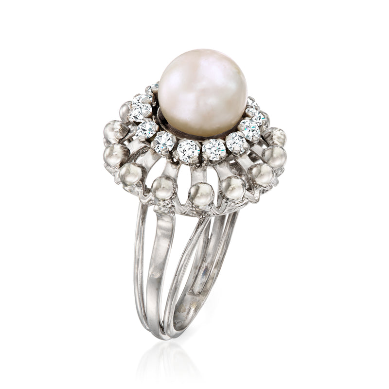 Cultured pearl center ring with diamond halo and three-prong shank, 18kt white gold