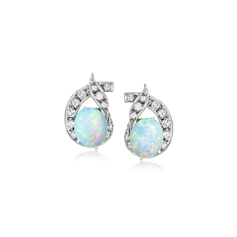 Opal clip-on earrings with diamond halo, oval cabochon in white gold teardrop setting