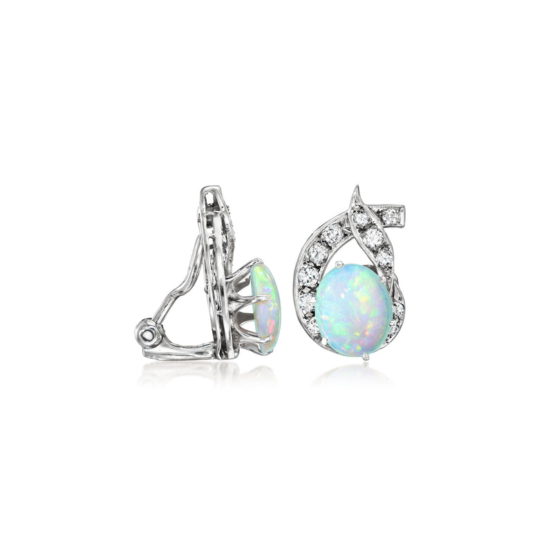 Clip-on backs visible: opal earrings with diamond halo oval cabochon in white gold