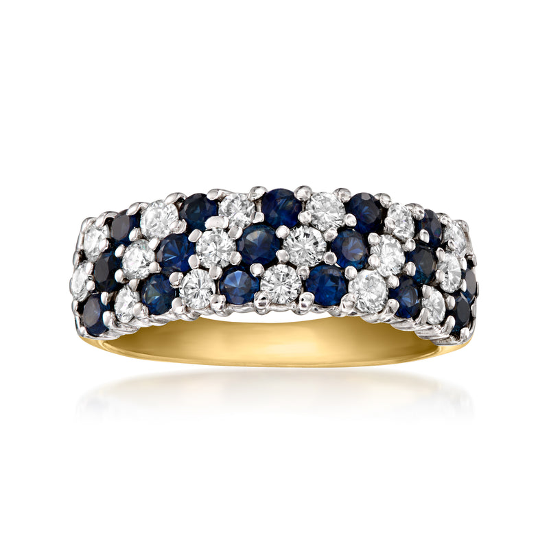 Three-row sapphire and diamond ring in 14k yellow gold with blue and clear stones