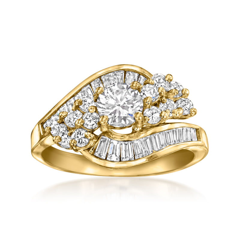 14kt yellow gold diamond cluster ring with round center stone and baguette accents