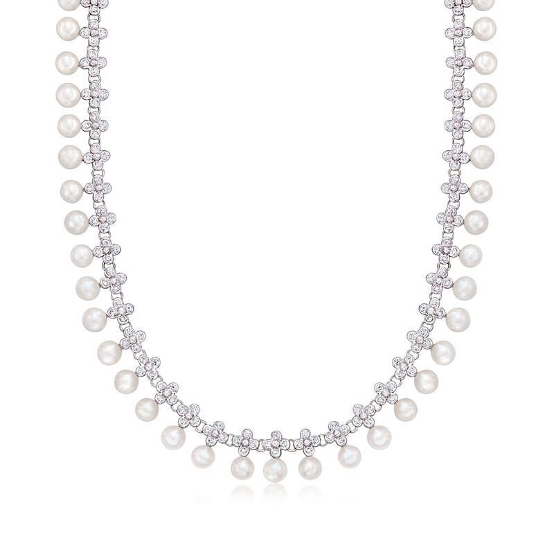 Cultured pearl and diamond flower necklace, 18kt white gold with pearl drop stations