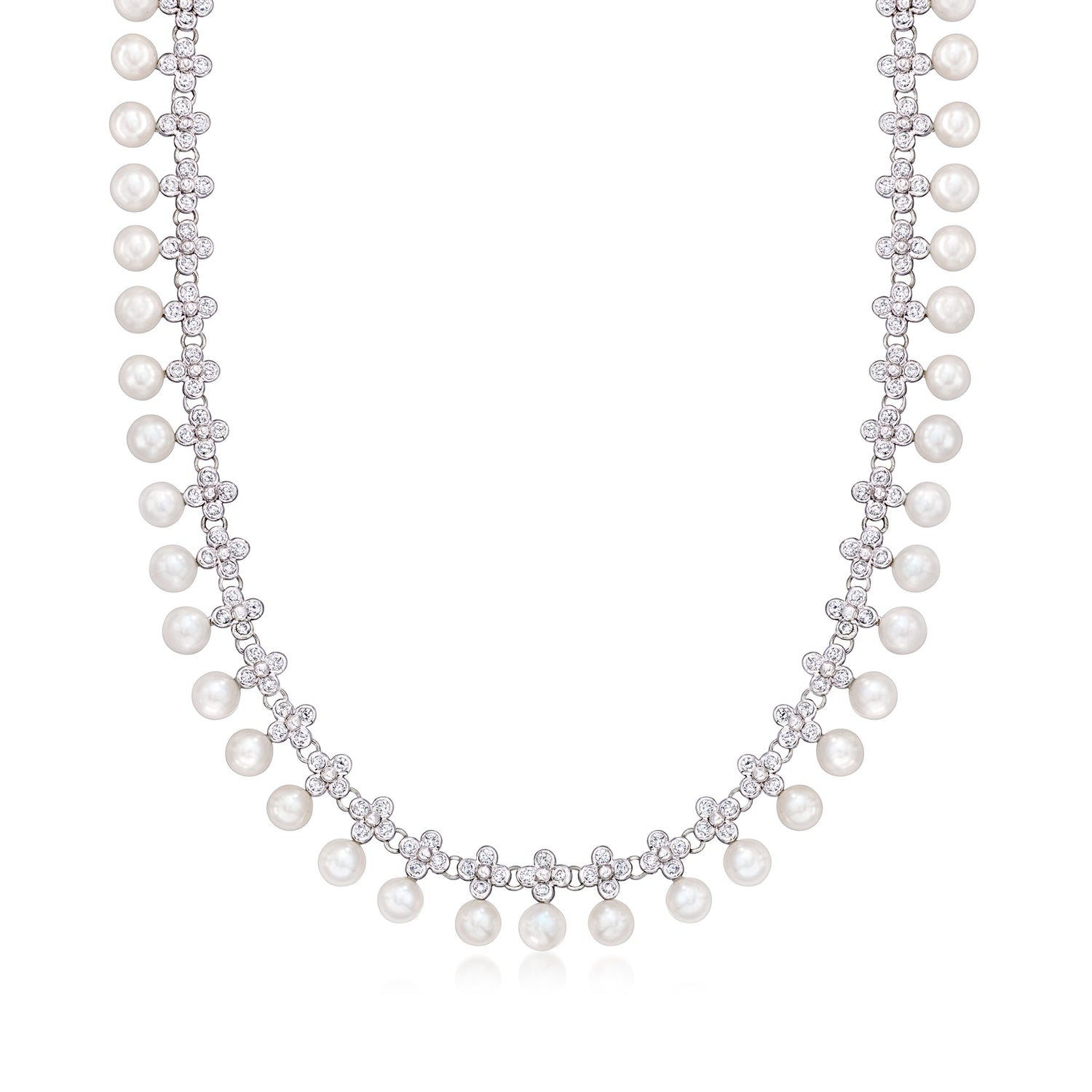 C. 1990 Vintage 6mm Cultured Pearl and 6.00 ct. t.w. Diamond Flower Necklace in 18kt White Gold