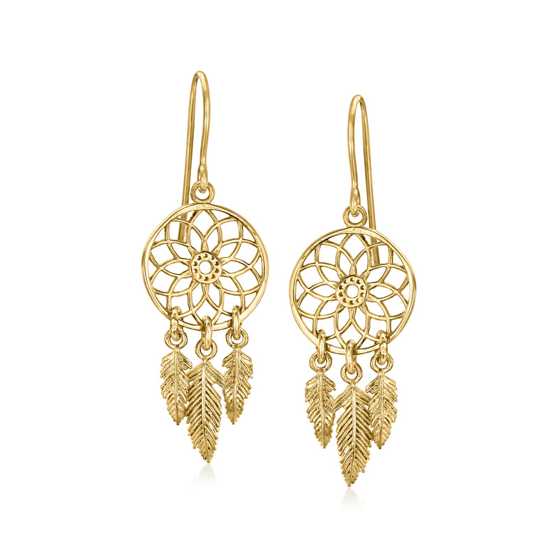 14kt yellow gold dreamcatcher drop earrings, circular web with three feather charms