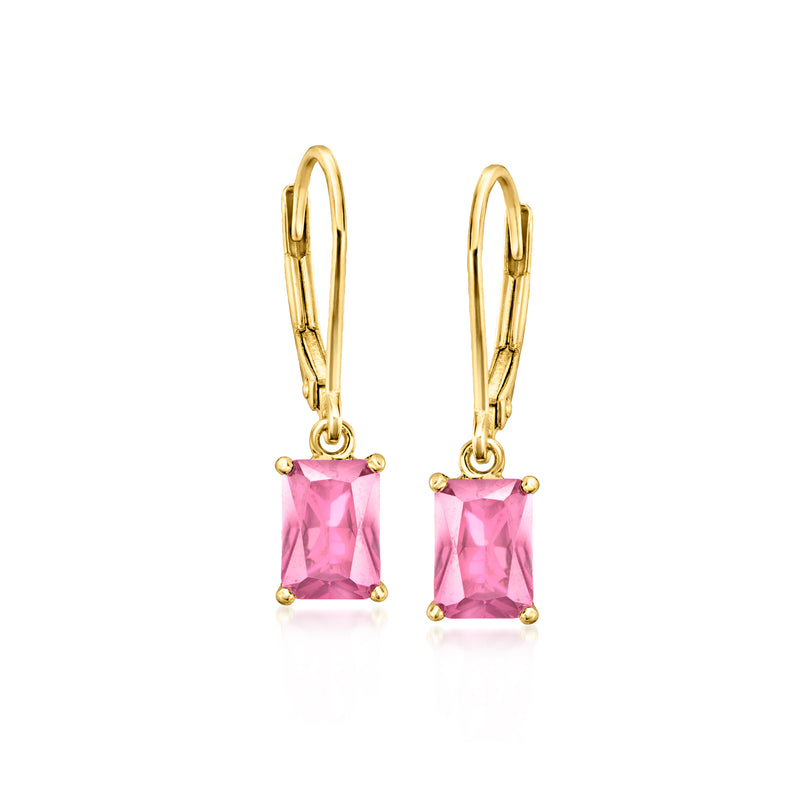 Gold leverback drop earrings with square pink sapphire gemstone