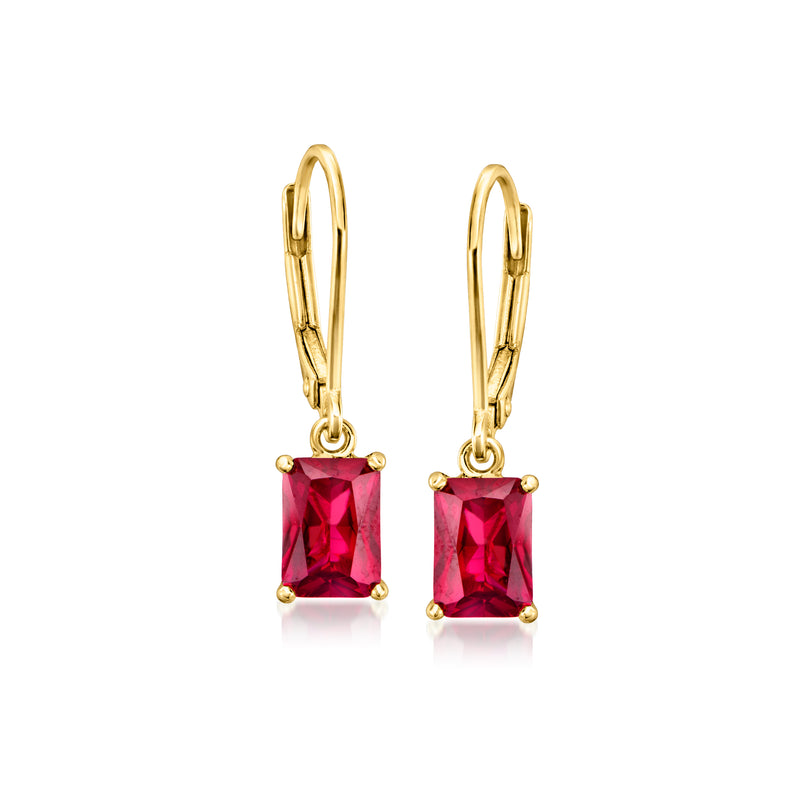 Gold leverback drop earrings with square lab-grown ruby red gemstones