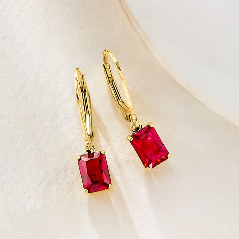 Gold leverback drop earrings with square red ruby gemstone, dangling