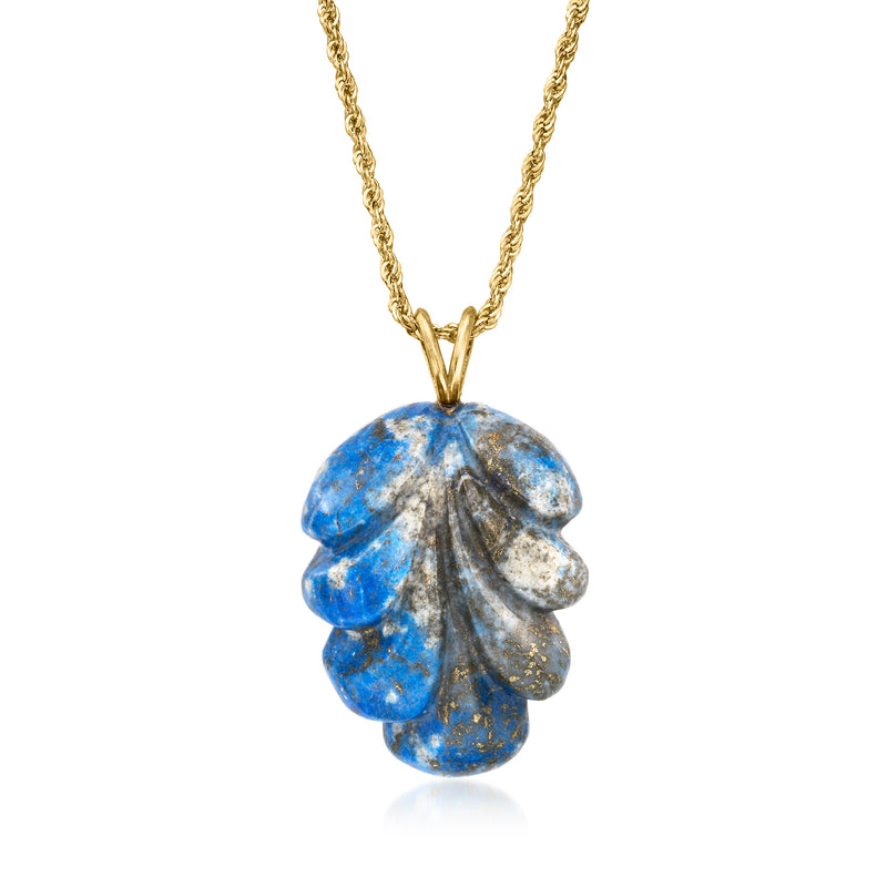 14kt yellow gold lapis pendant necklace with carved blue flower design