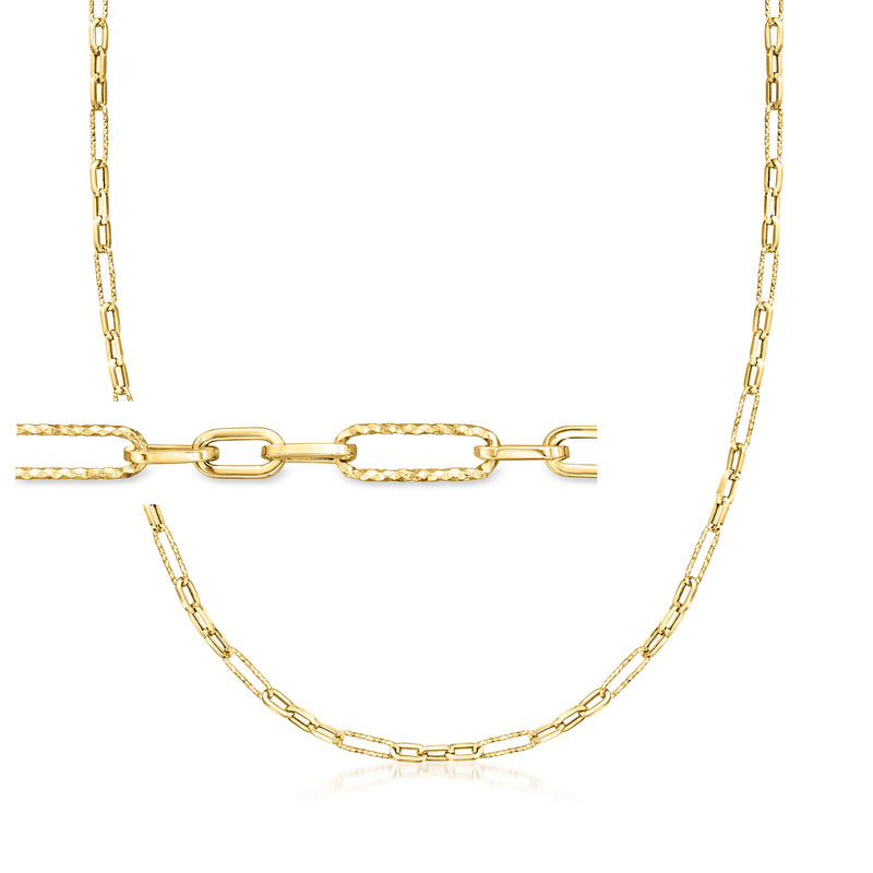 14kt yellow gold paperclip link necklace with textured and polished chain links