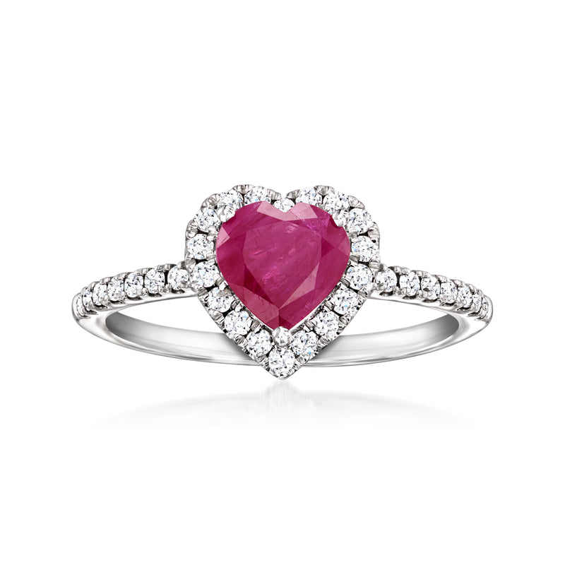 Heart-shaped ruby ring with diamond halo in white gold