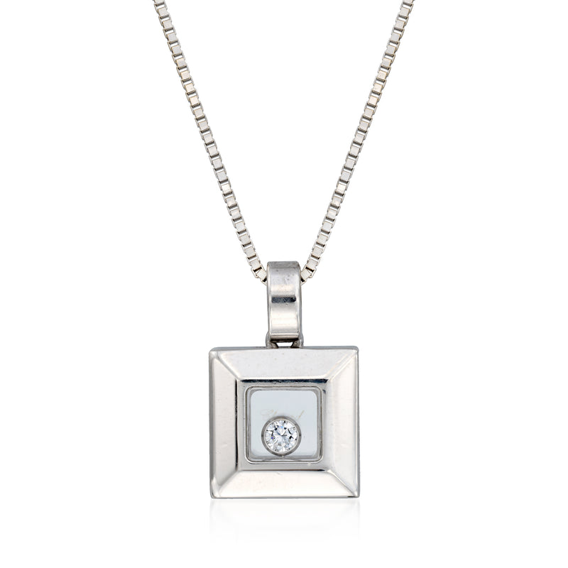 18kt white gold pendant necklace with square frame and one round diamond