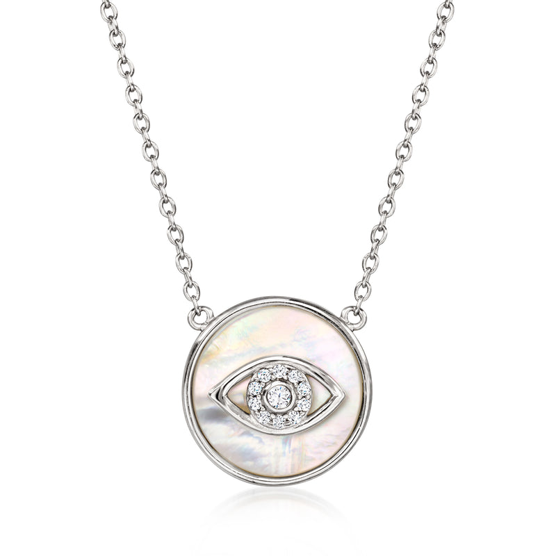 Sterling silver evil eye necklace with round mother-of-pearl pendant and CZ eye
