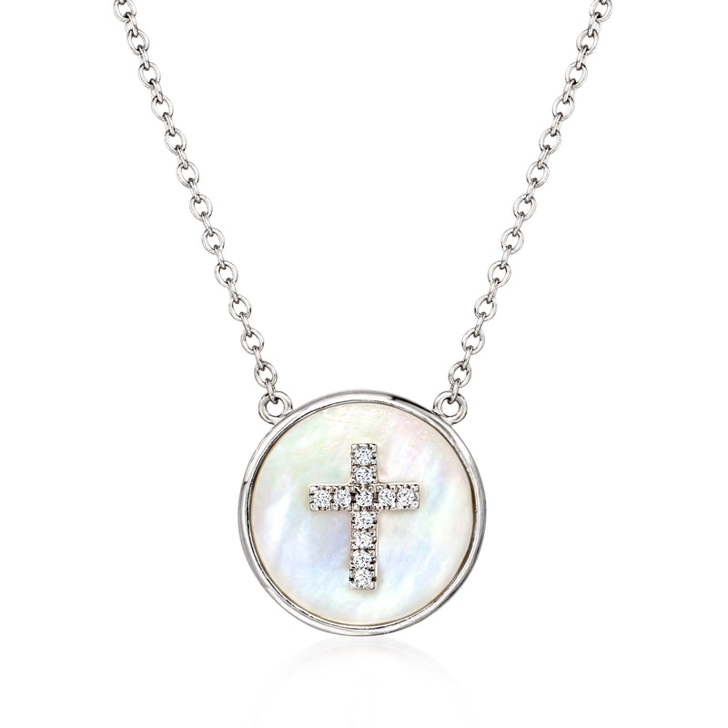 Sterling silver cross necklace with round mother-of-pearl pendant and CZ cross