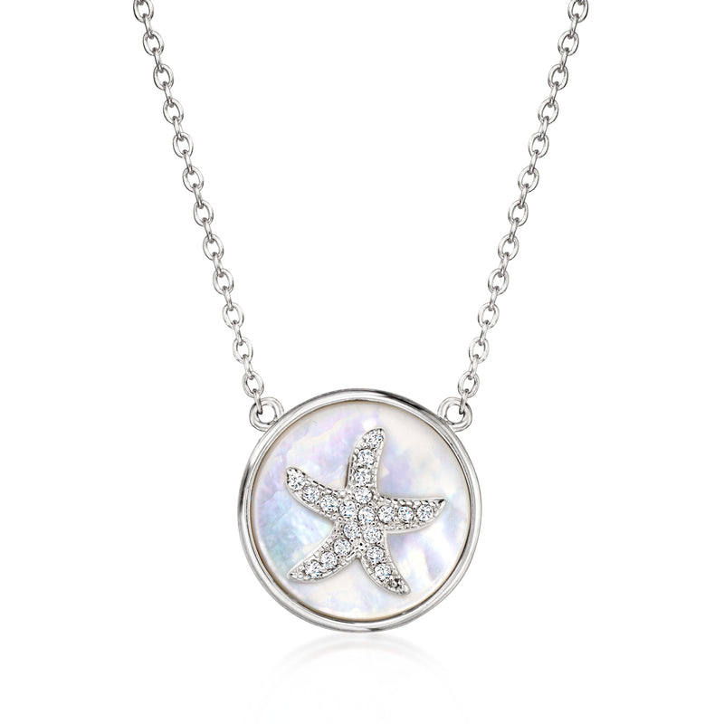 Sterling silver starfish necklace with mother-of-pearl round pendant and CZ sparkle