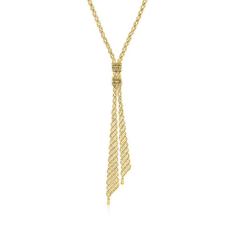 Gold over sterling mesh Y-necklace with draped chain tassel and clasp at center