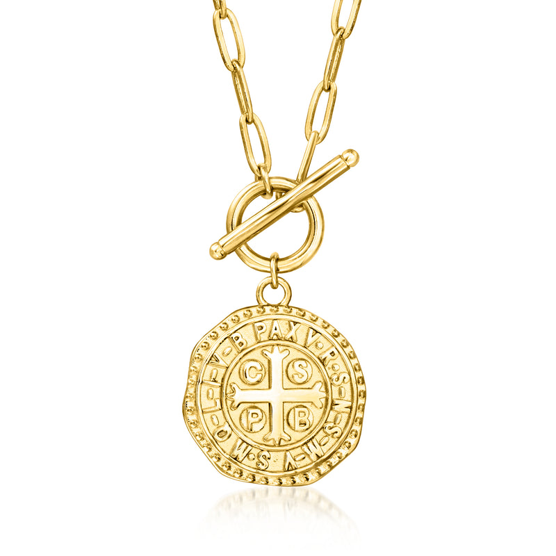 Gold coin pendant necklace with chunky link chain and round medallion charm