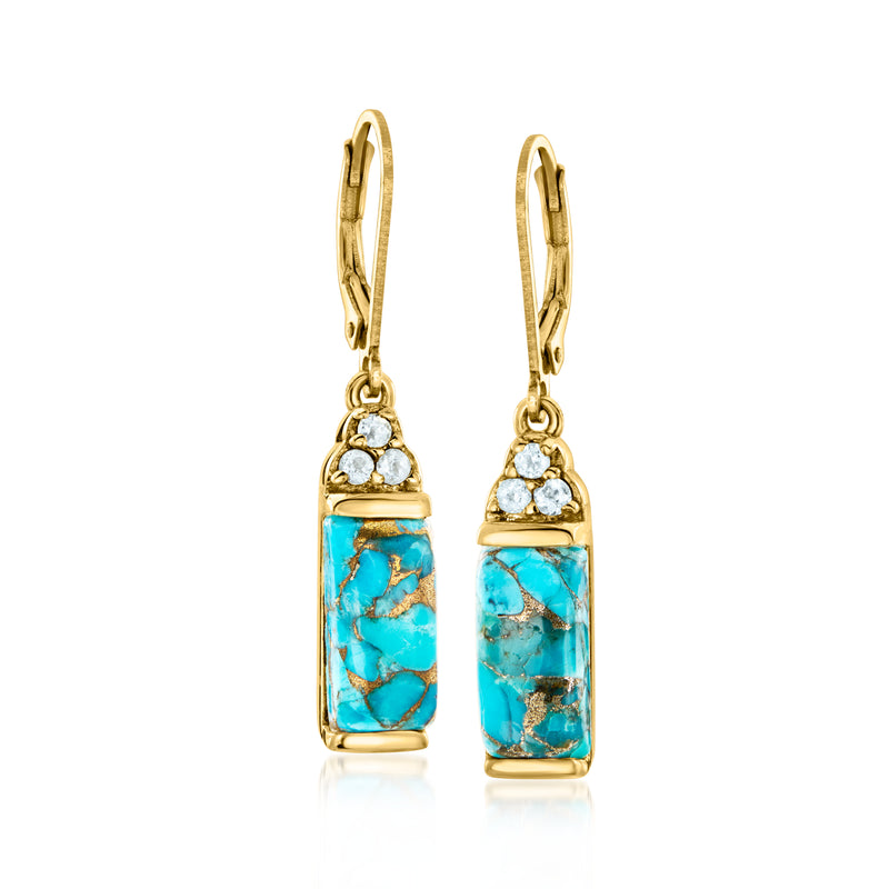 Turquoise drop earrings with leverback, gold-tone frames, bezel-set blue gemstone caps