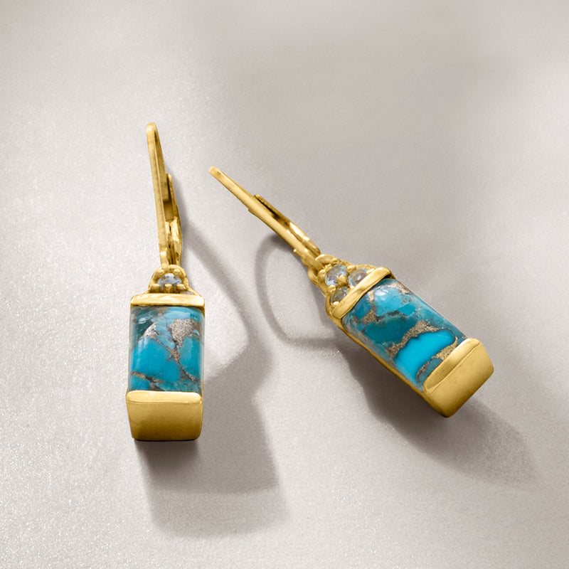 Turquoise leverback drop earrings in gold-tone, rectangular stone with small top crystal