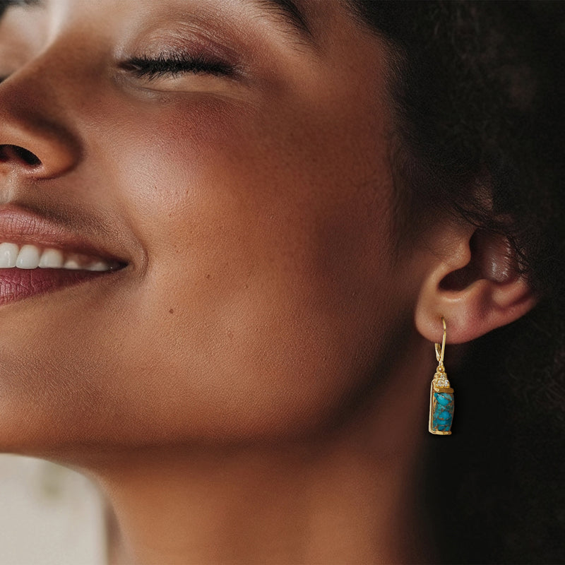 Turquoise drop earrings with leverback on ear, gold-tone, rectangular stone and crystal top