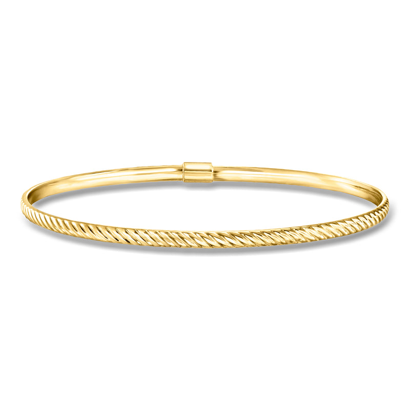 14kt yellow gold ridged bangle bracelet with clasp and twisted rope texture
